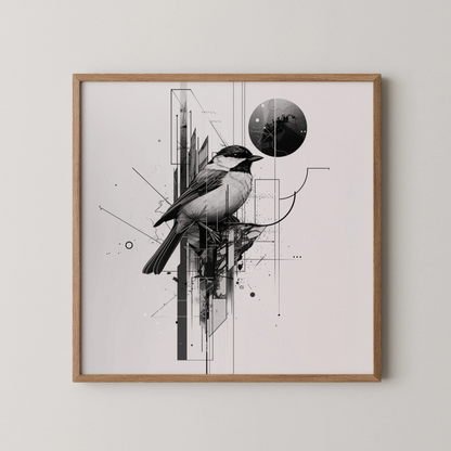Boho Bird Abstract I, Black & White Mid Century Modern, Boho Art Painting
