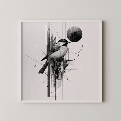 Boho Bird Abstract I, Black & White Mid Century Modern, Boho Art Painting