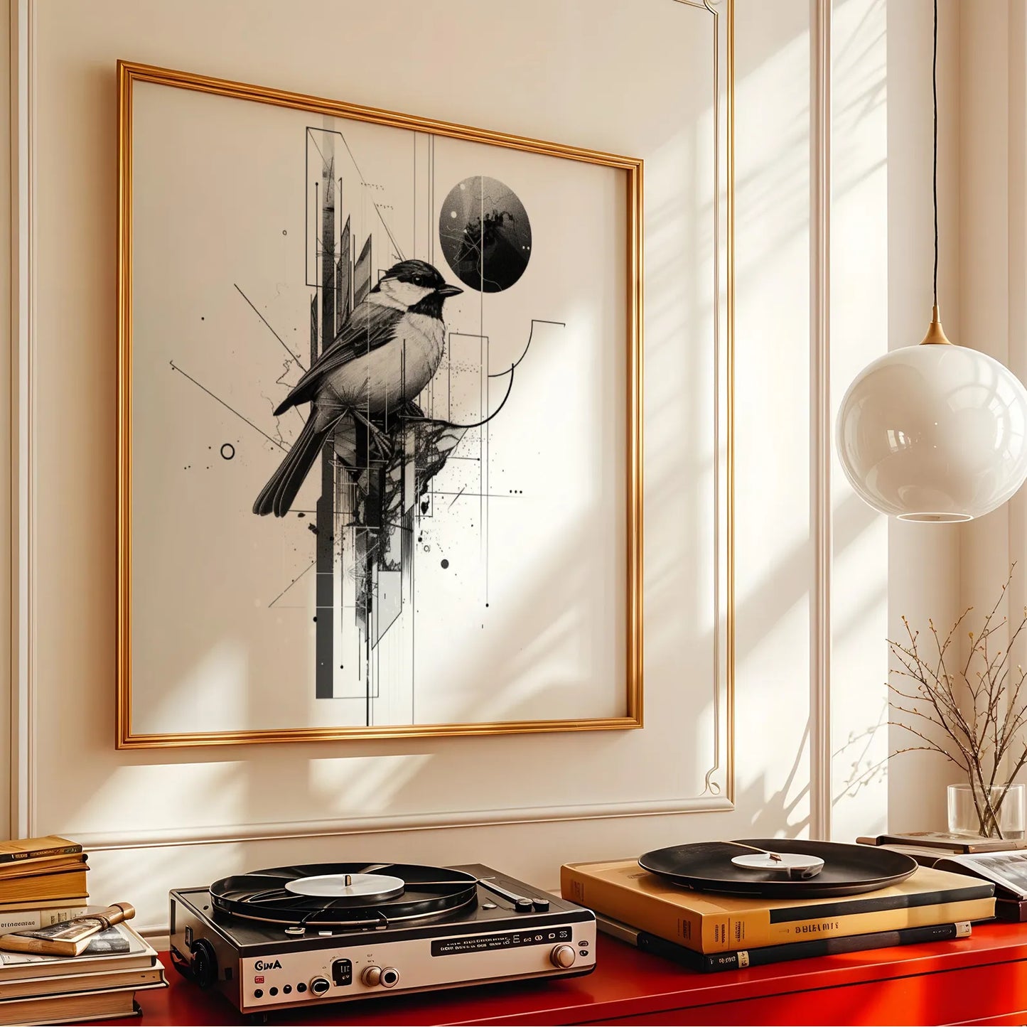Boho Bird Abstract I, Black & White Mid Century Modern, Boho Art Painting