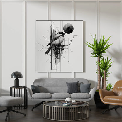 Boho Bird Abstract I, Black & White Mid Century Modern, Boho Art Painting