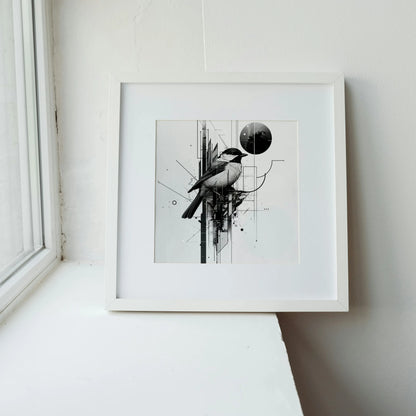 Boho Bird Abstract I, Black & White Mid Century Modern, Boho Art Painting