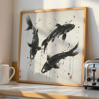 Boho Fish Abstract I, Black & White Mid Century Modern, Boho Art Painting