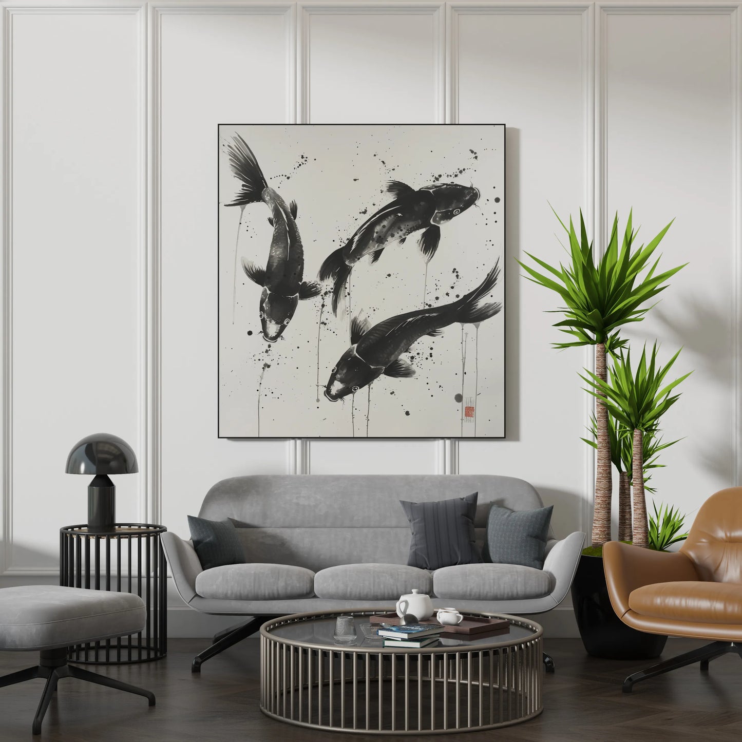 Boho Fish Abstract I, Black & White Mid Century Modern, Boho Art Painting