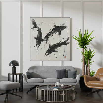 Boho Fish Abstract I, Black & White Mid Century Modern, Boho Art Painting