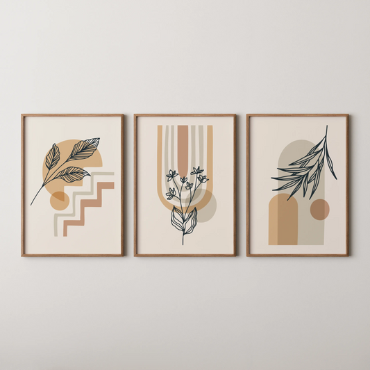 Boho Leaves V, Set of 3, Modern Wall Art, Mid Century Vibe