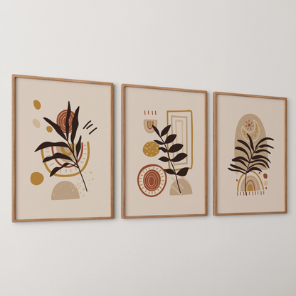 Boho Leaves VI, Set of 3, Modern Wall Art, Mid Century Vibe