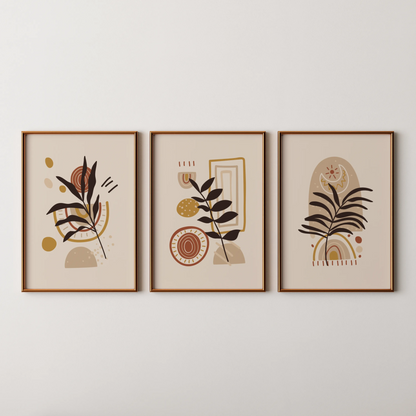 Boho Leaves VI, Set of 3, Modern Wall Art, Mid Century Vibe