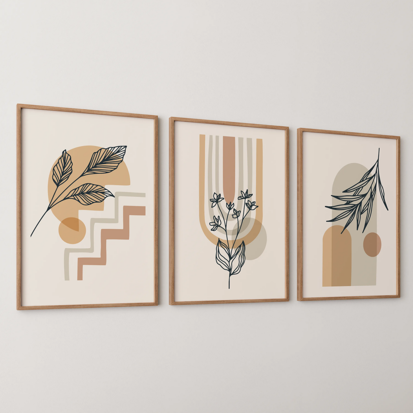 Boho Leaves V, Set of 3, Modern Wall Art, Mid Century Vibe