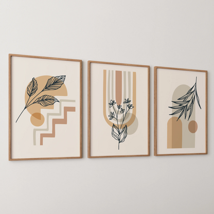 Boho Leaves V, Set of 3, Modern Wall Art, Mid Century Vibe