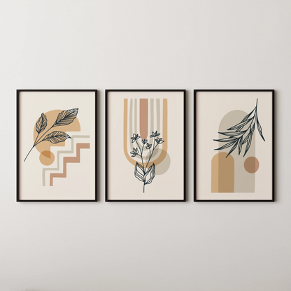 Boho Leaves V, Set of 3, Modern Wall Art, Mid Century Vibe