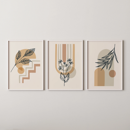 Boho Leaves V, Set of 3, Modern Wall Art, Mid Century Vibe