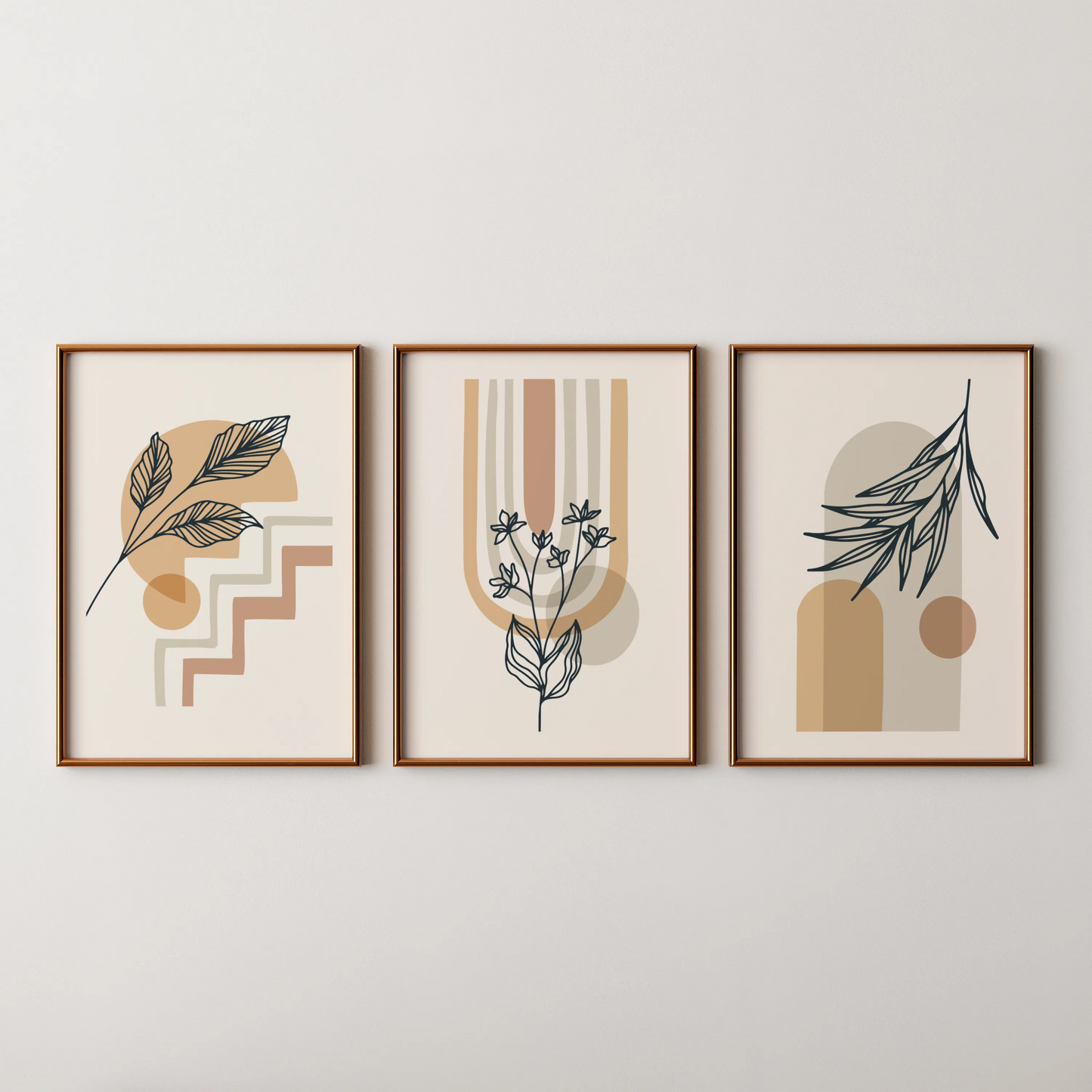 Boho Leaves V, Set of 3, Modern Wall Art, Mid Century Vibe