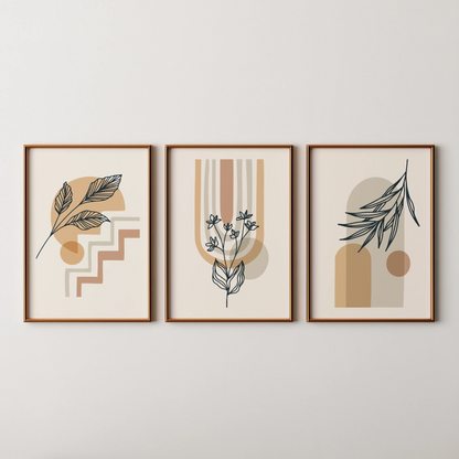 Boho Leaves V, Set of 3, Modern Wall Art, Mid Century Vibe