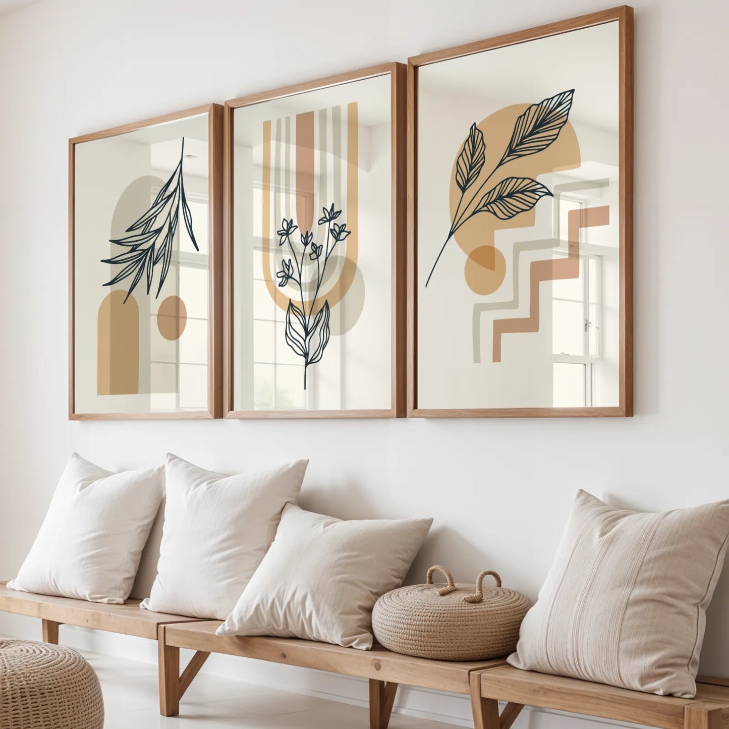 Boho Leaves V, Set of 3, Modern Wall Art, Mid Century Vibe