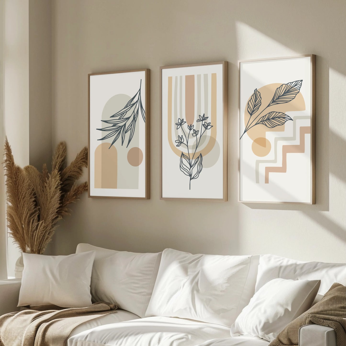Boho Leaves V, Set of 3, Modern Wall Art, Mid Century Vibe