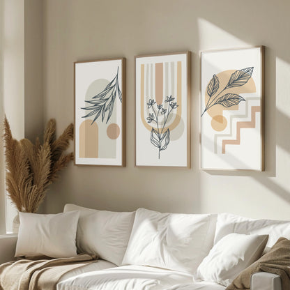 Boho Leaves V, Set of 3, Modern Wall Art, Mid Century Vibe