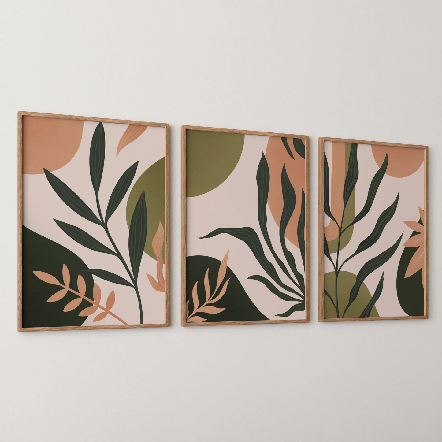 Boho Leaves II, Set of 3, Modern Wall Art, Mid Century Vibe