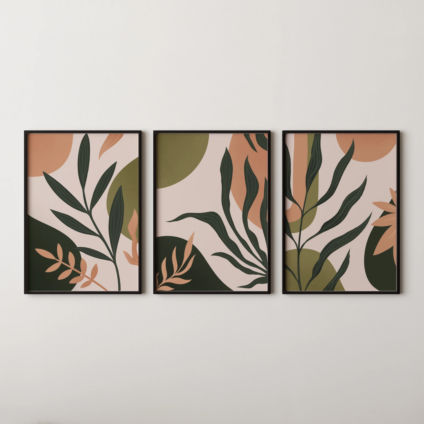 Boho Leaves II, Set of 3, Modern Wall Art, Mid Century Vibe