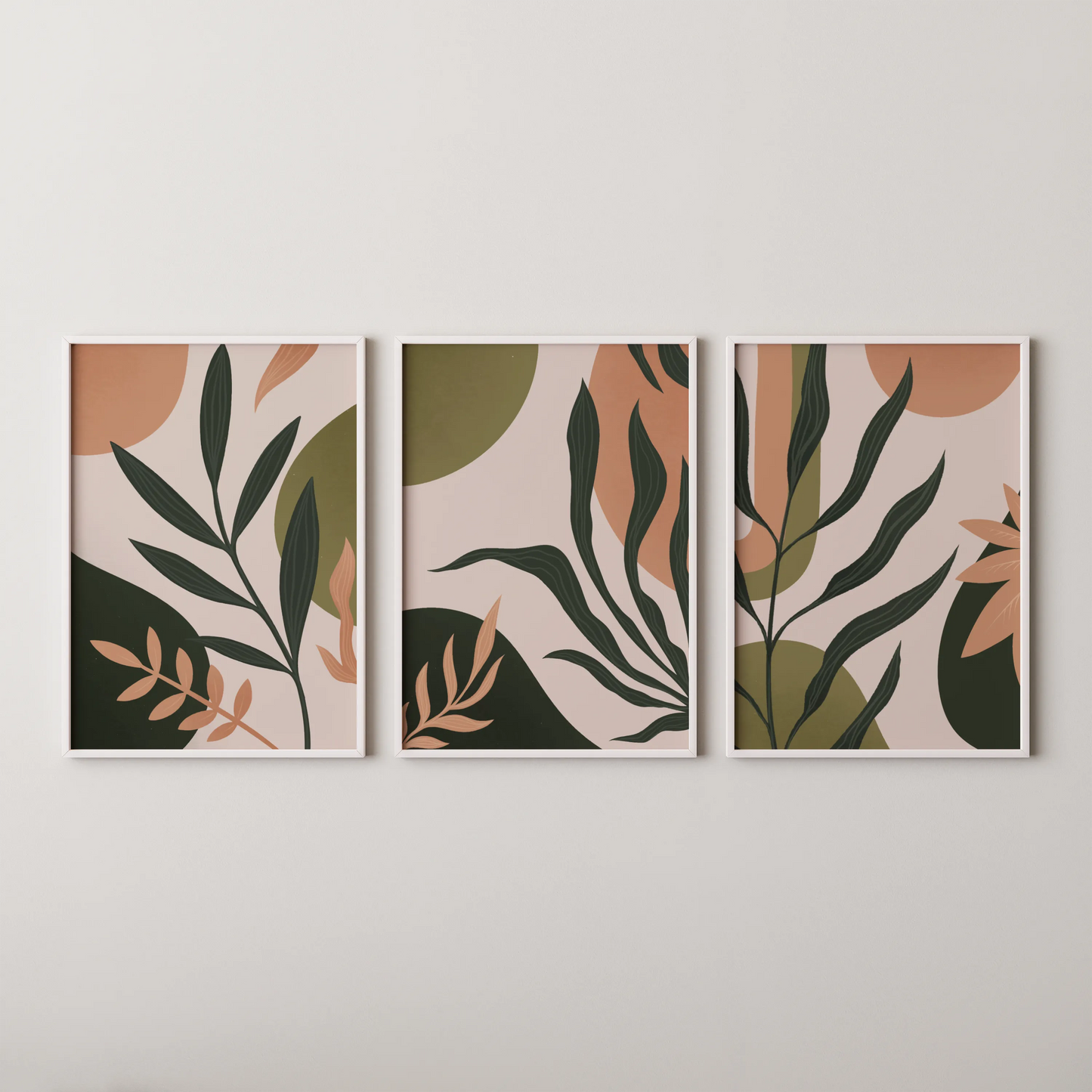Boho Leaves II, Set of 3, Modern Wall Art, Mid Century Vibe