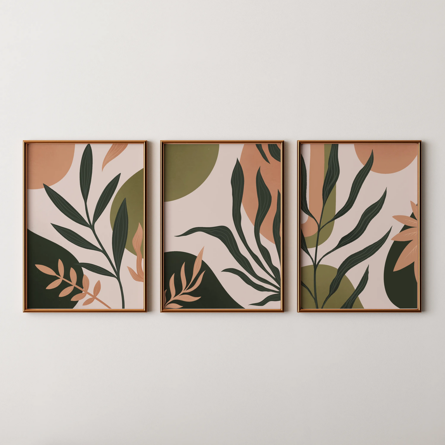 Boho Leaves II, Set of 3, Modern Wall Art, Mid Century Vibe