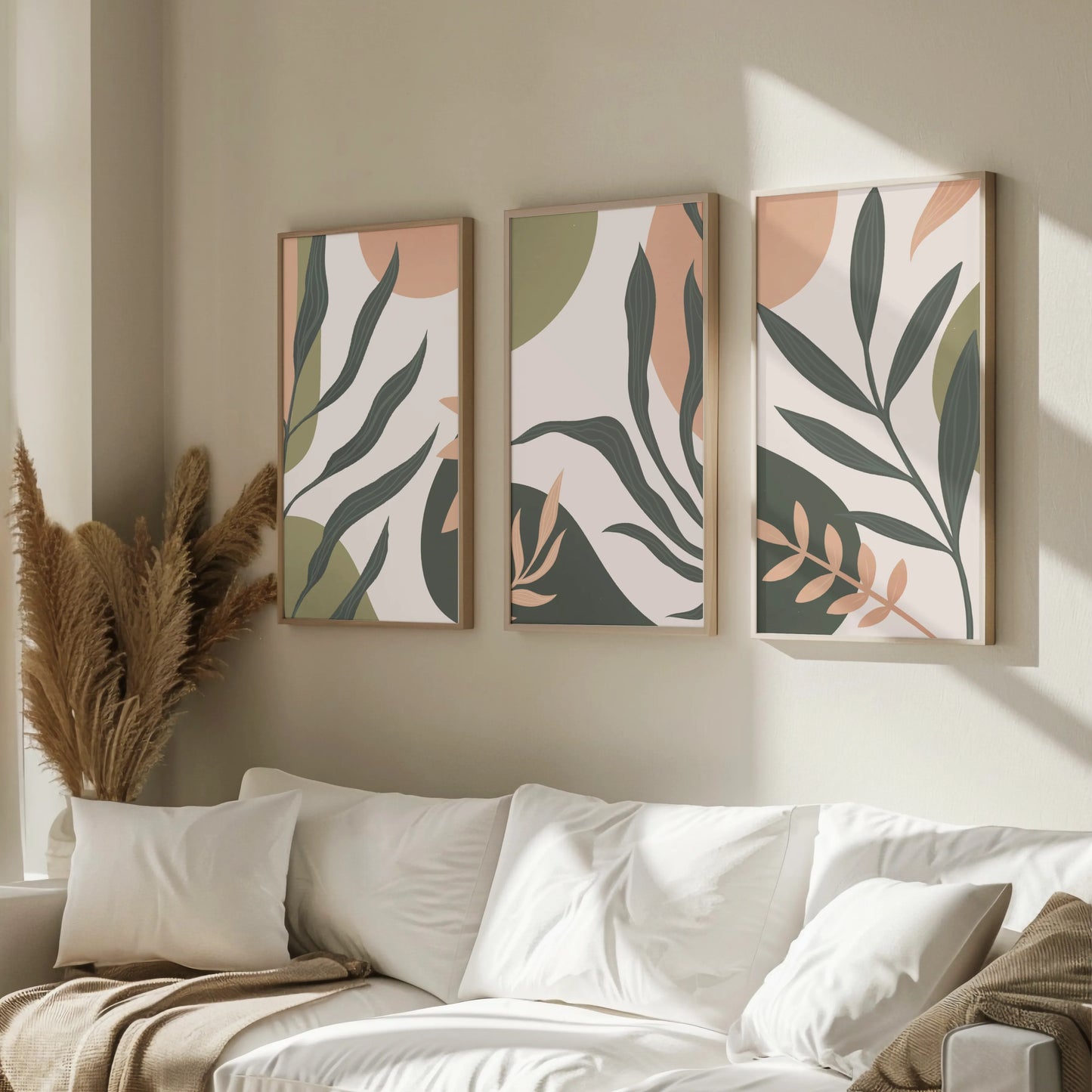 Boho Leaves II, Set of 3, Modern Wall Art, Mid Century Vibe