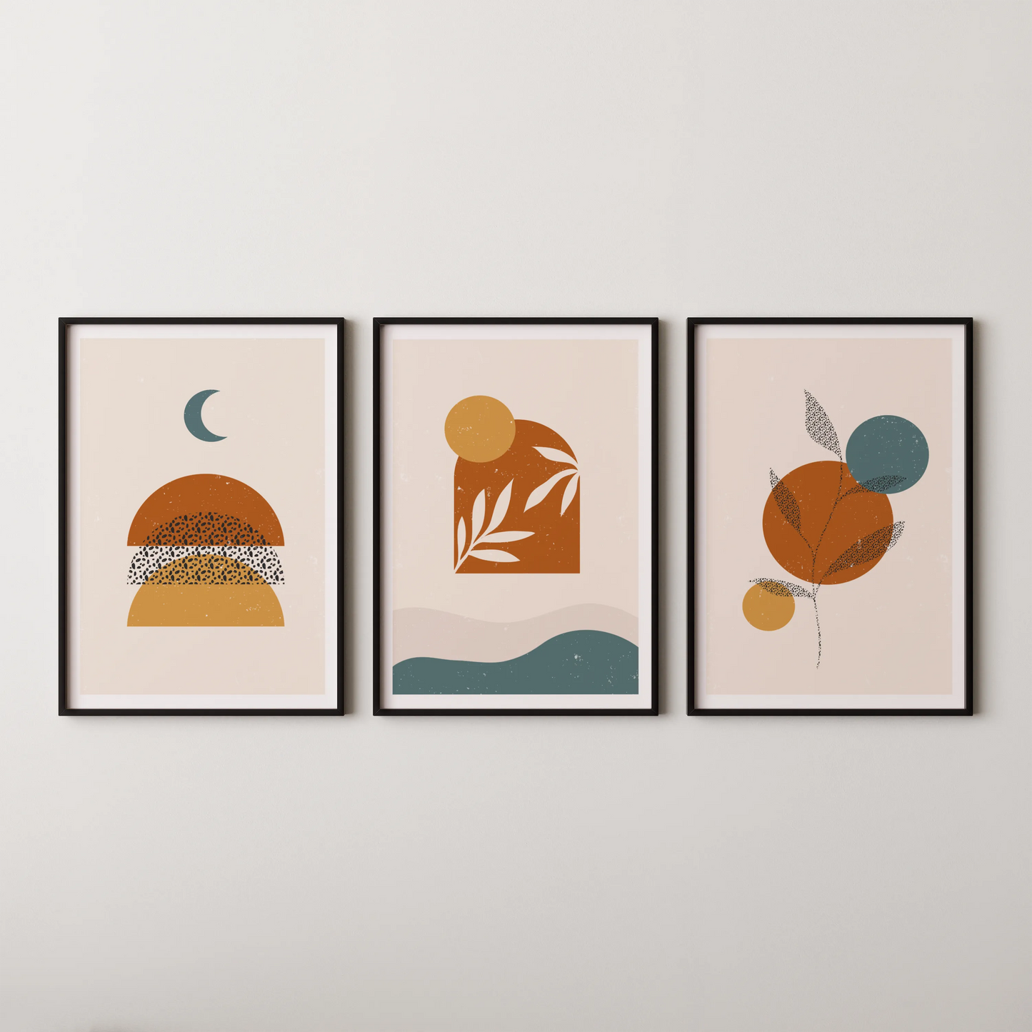 Boho Leaves I, Set of 3, Modern Wall Art, Mid Century Vibe
