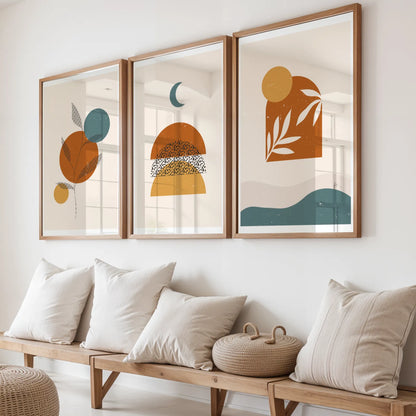 Boho Leaves I, Set of 3, Modern Wall Art, Mid Century Vibe