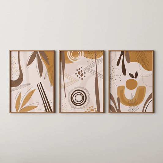 Boho Leaves, Set of 3, Modern Wall Art, Mid Century Vibe