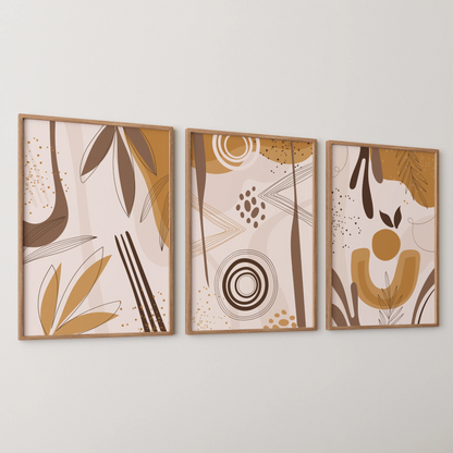 Boho Leaves, Set of 3, Modern Wall Art, Mid Century Vibe