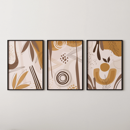 Boho Leaves, Set of 3, Modern Wall Art, Mid Century Vibe