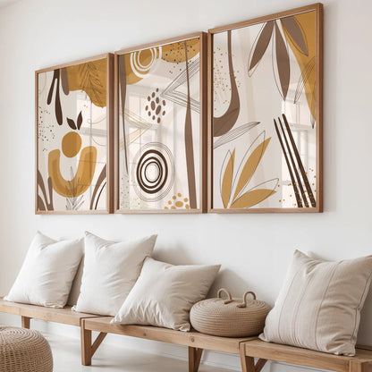 Boho Leaves, Set of 3, Modern Wall Art, Mid Century Vibe
