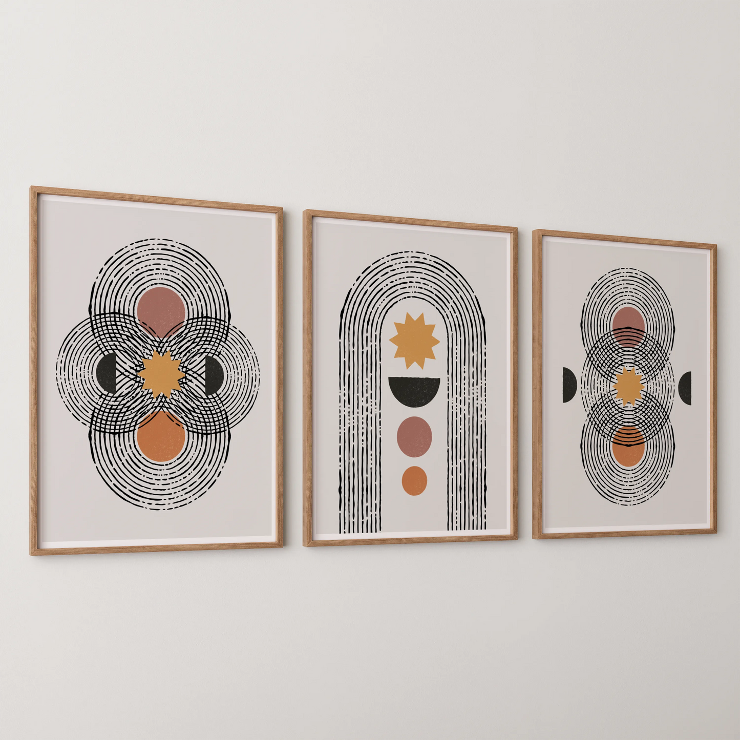 Boho Lines I, Set of 3, Modern Wall Art, Mid Century Vibe
