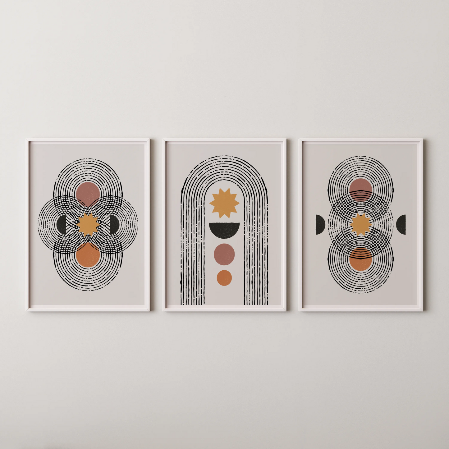 Boho Lines I, Set of 3, Modern Wall Art, Mid Century Vibe
