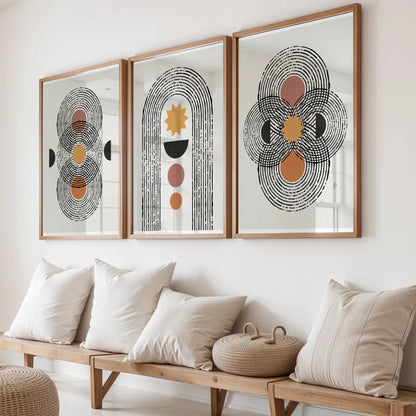 Boho Lines I, Set of 3, Modern Wall Art, Mid Century Vibe