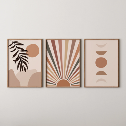 Boho Moon and Lines, Set of 3, Modern Wall Art, Mid Century Modern