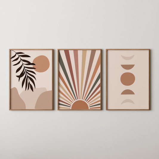 Boho Moon and Lines, Set of 3, Modern Wall Art, Mid Century Modern