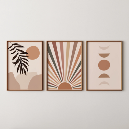 Boho Moon and Lines, Set of 3, Modern Wall Art, Mid Century Modern
