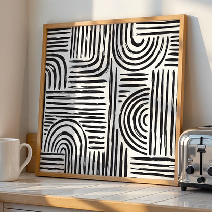 Boho Pattern Lines, Black & White Mid Century Modern, Boho Art Prints