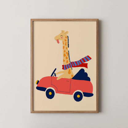 Girraffe on car - Nursery Prints