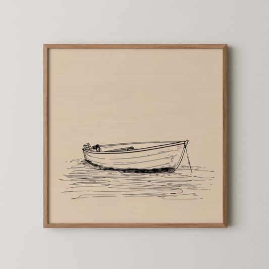 Minimal Boho Boat I, Black & White Mid Century Modern, Boho Art Painting