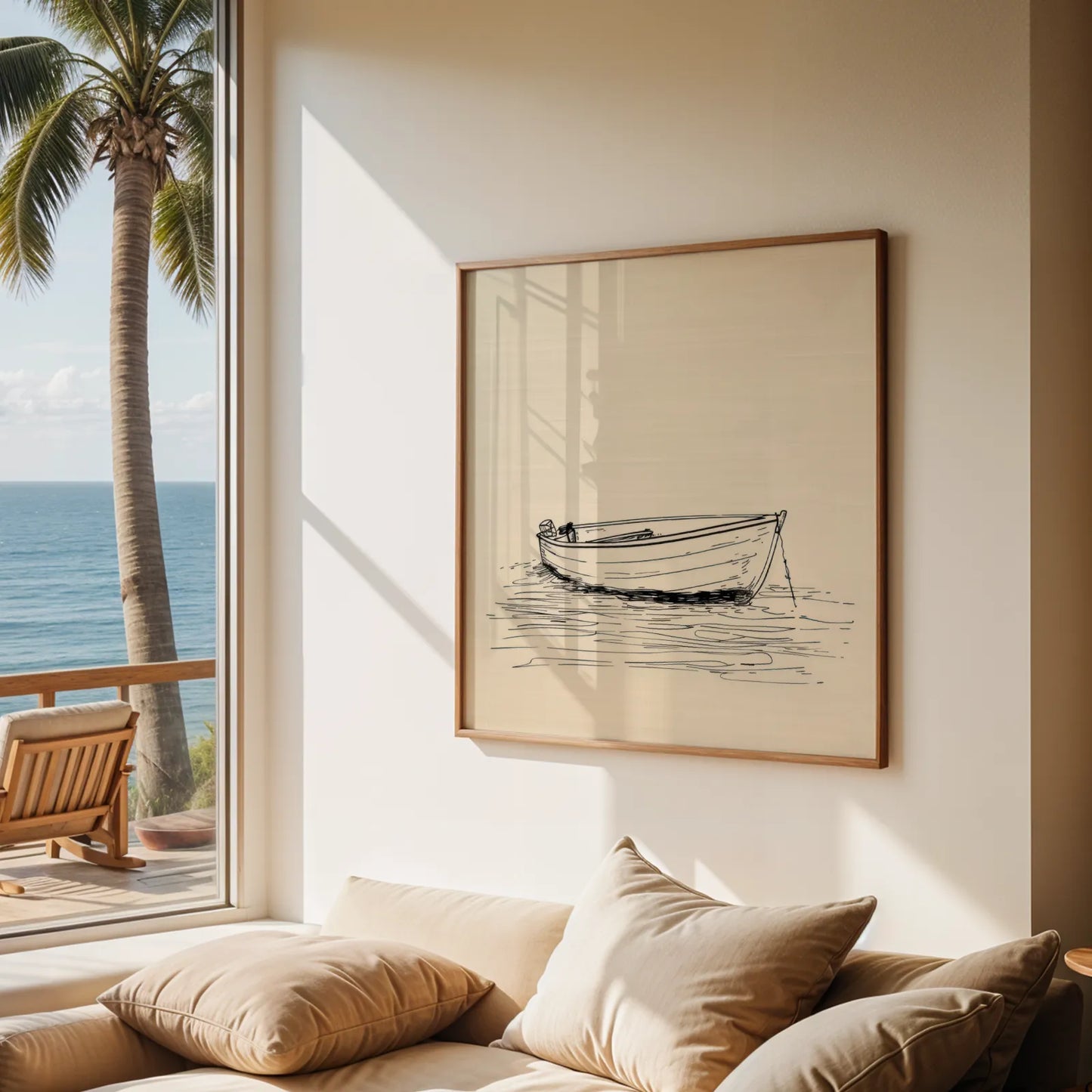 Minimal Boho Boat I, Black & White Mid Century Modern, Boho Art Painting
