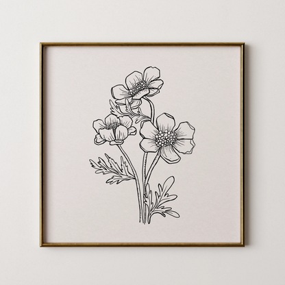 Minimal Boho Flowers, Black & White Mid Century Modern, Boho Art Painting