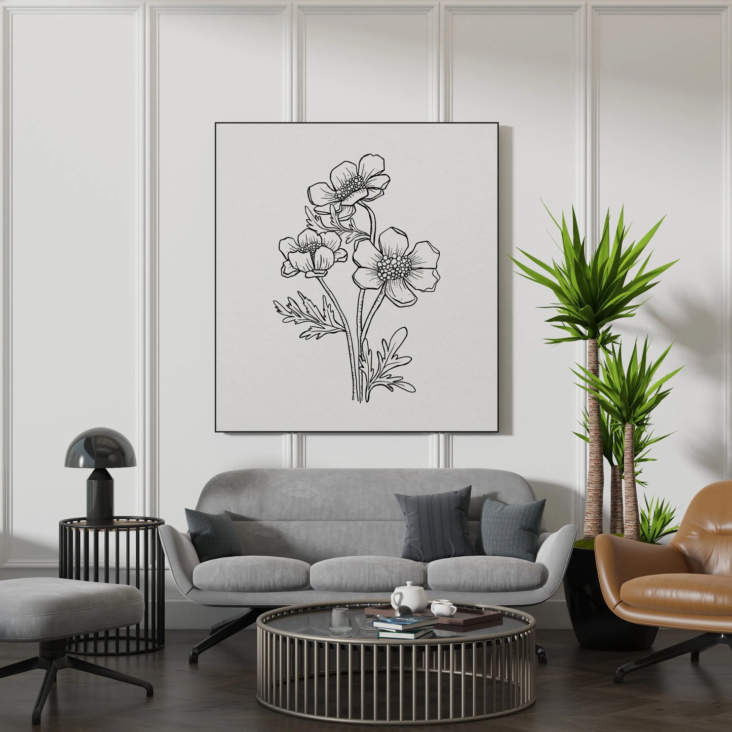 Minimal Boho Flowers, Black & White Mid Century Modern, Boho Art Painting