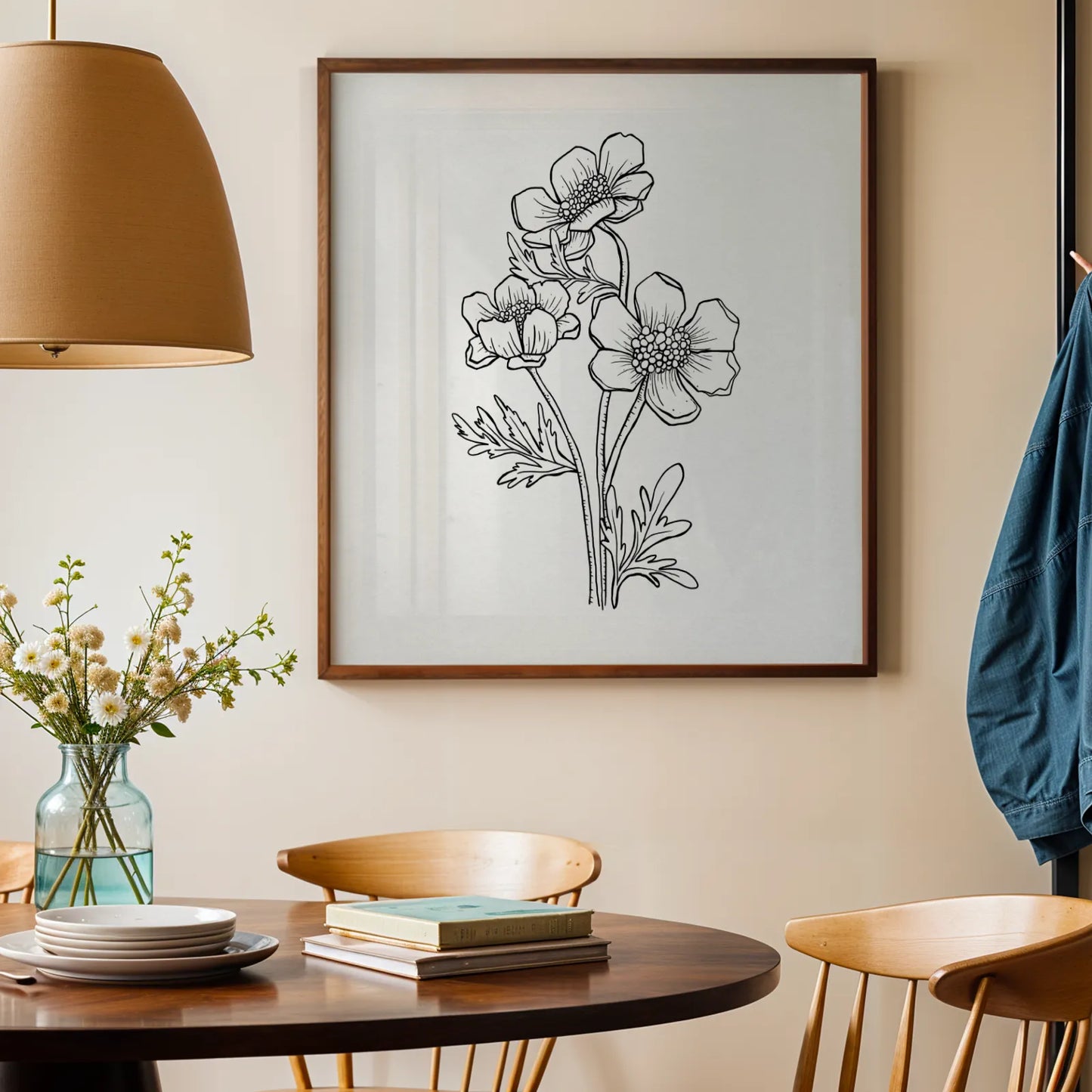 Minimal Boho Flowers, Black & White Mid Century Modern, Boho Art Painting