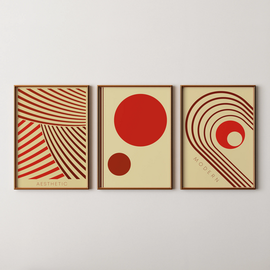 Minimal Pattern II, Set of 3, Modern Abstarct Lines, Bold Red
