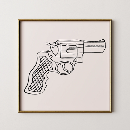 Minimal Pistol Gun, Black & White Mid Century Modern, Boho Art Painting