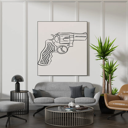 Minimal Pistol Gun, Black & White Mid Century Modern, Boho Art Painting