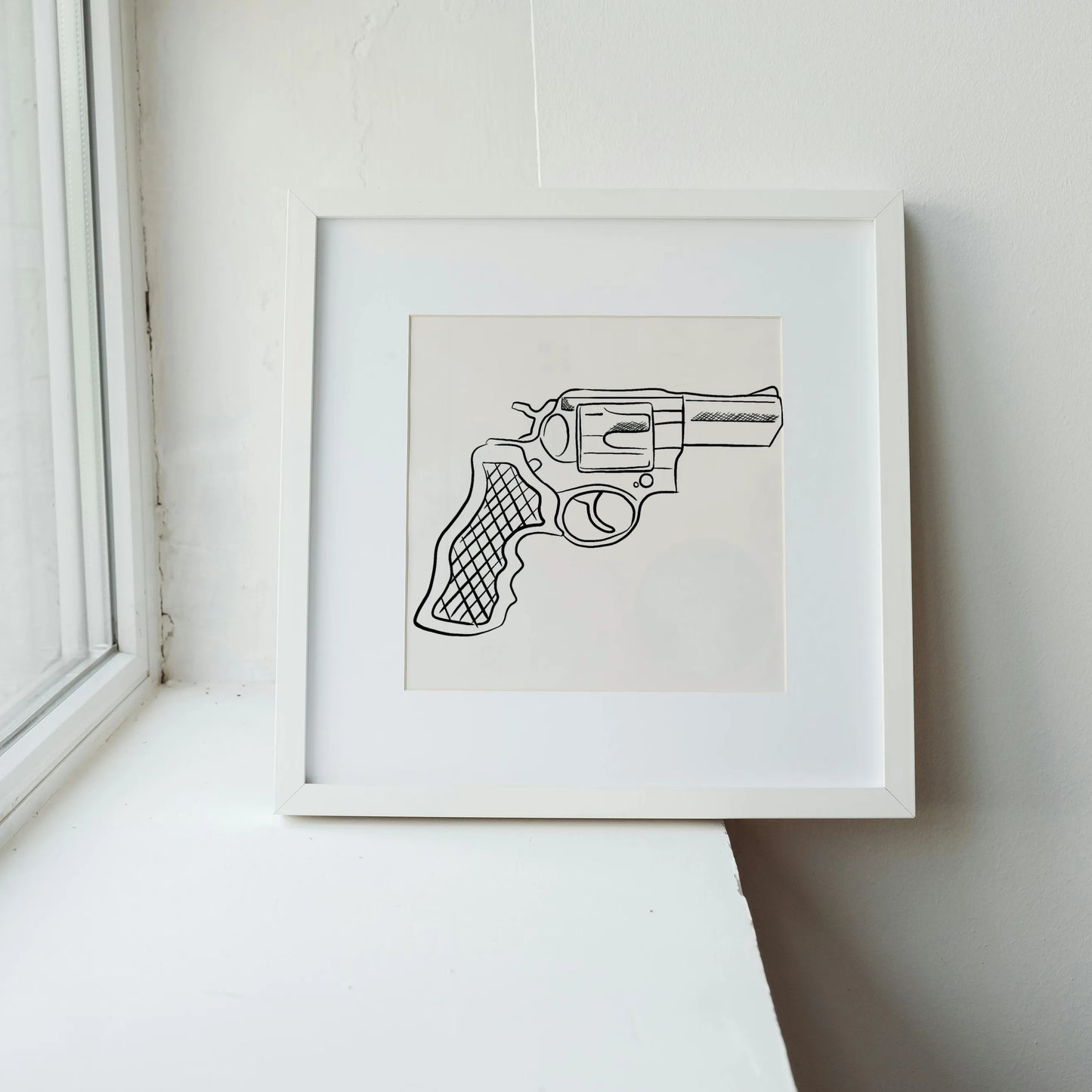 Minimal Pistol Gun, Black & White Mid Century Modern, Boho Art Painting