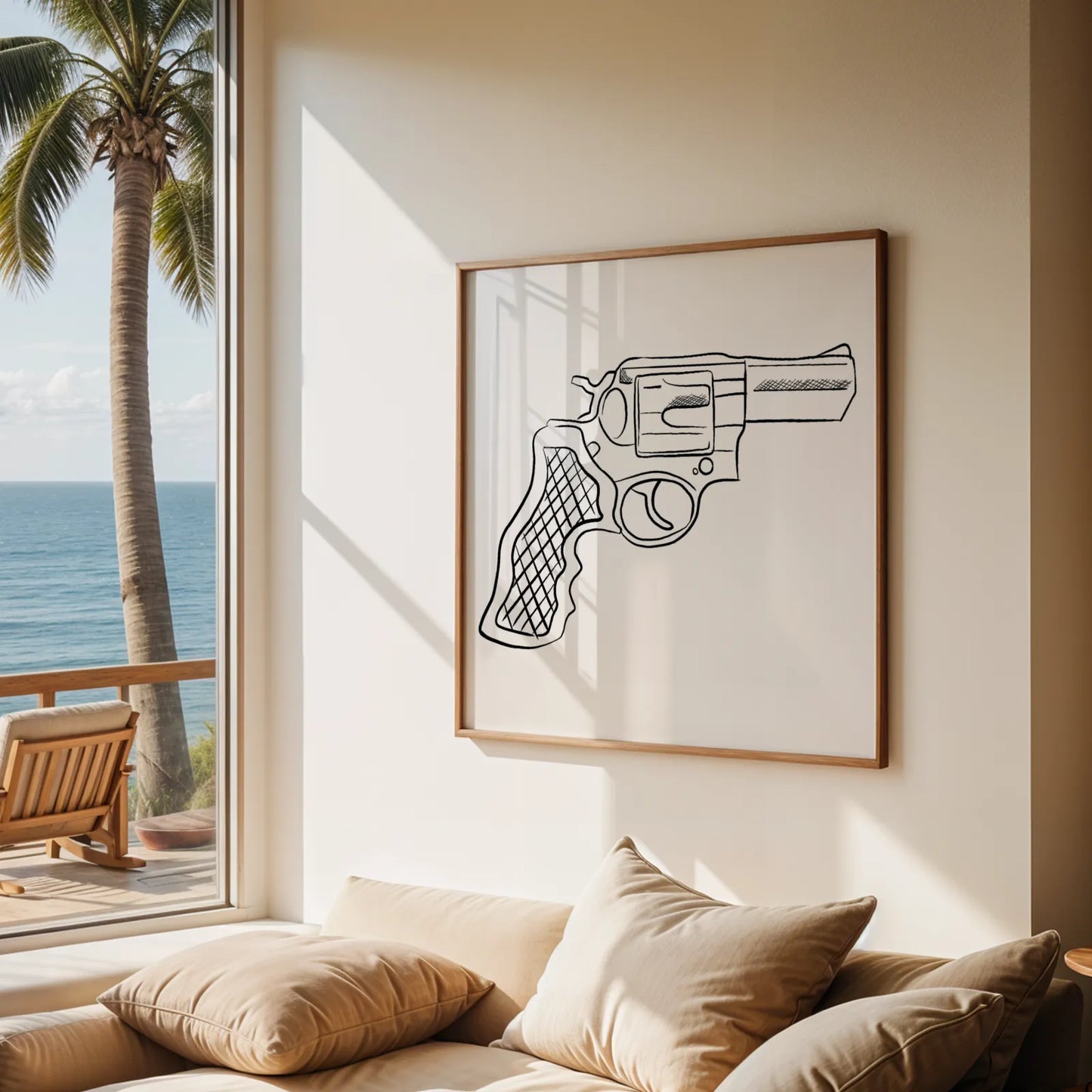 Minimal Pistol Gun, Black & White Mid Century Modern, Boho Art Painting