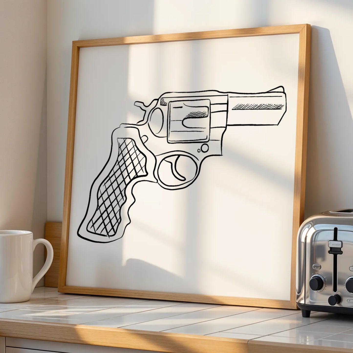 Minimal Pistol Gun, Black & White Mid Century Modern, Boho Art Painting